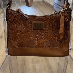 FRYE AND CO. Floral Embossed Tan Crossbody Bag